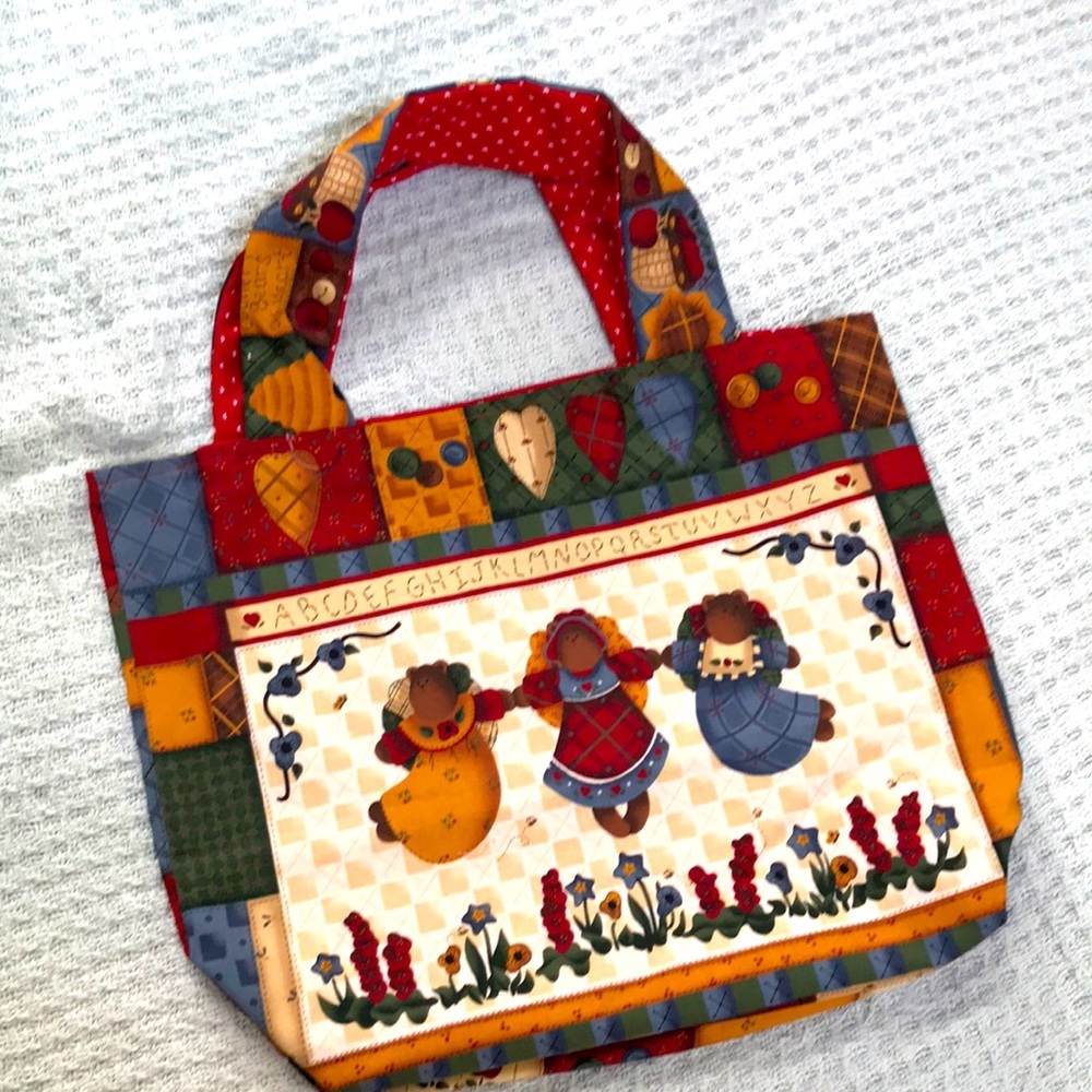 Reusable Reversible School Tote Bag cotton Red Blue 15 x 11 handmade
